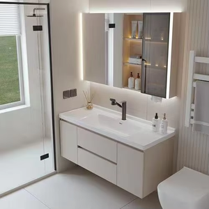 Meubles de salle de bain en bois massif blanc moderne, design gratuit d'usine, meubles de salle de bain à poser au mur, lavabo simple - Product Image 5