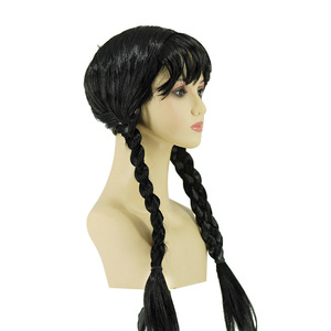 <span class=keywords><strong>Perruque</strong></span> de cosplay <span class=keywords><strong>Wednesday</strong></span> <span class=keywords><strong>Addams</strong></span>, noire, longue, à double tresses, synthétique, avec franges - Product Image 5