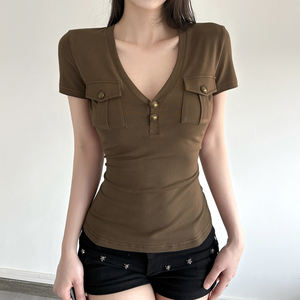 Camiseta de Manga Corta Tejida Marrón Retro Ecológica para Mujer, Estilo Utilitario de Verano, Cuello en V, Informal, para Oficina - Product Image 4