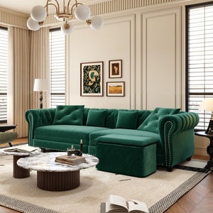 Canapé-lit Chesterfield 3 places 89 pouces vert 3-en-1 en velours capitonné avec ottoman amovible - Product Image 3