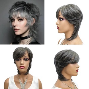 Cabello Humano Virgen Chino para Peluca, Tejido a Máquina, Estilo Corto, Sin Pegamento, HD, Gris Oscuro/Gris Claro/Azul Grisáceo, 8 Pulgadas - Product Image 1