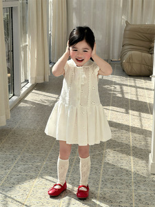 Nouvelle collection été 2026 : Robes pour filles style coréen, broderie ajourée, style preppy, manches bouffantes en dentelle, mélange de coton - Product Image 3