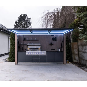 Table d'extérieur îlot avec plateau en pierre de quartz, 2-3m de long, armoire étanche intégrée, barbecue intégré pour fêtes en patio, motif chêne - Product Image 1