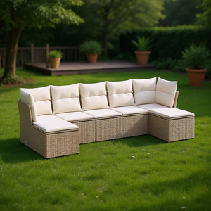 Ensemble de canapés de jardin en polyrotin beige 6 places, mobilier d'extérieur au design contemporain, structure en acier, ensemble élégant pour salon de jardin - Product Image 2