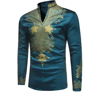 Manufacture men polyester printing africa stand collar pullover long sleeve t shirt