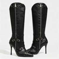 Bottes hautes marron pour femme personnalisables, à bout pointu, avec fermeture éclair intégrale, bride à boucle, talon aiguille et cloutées