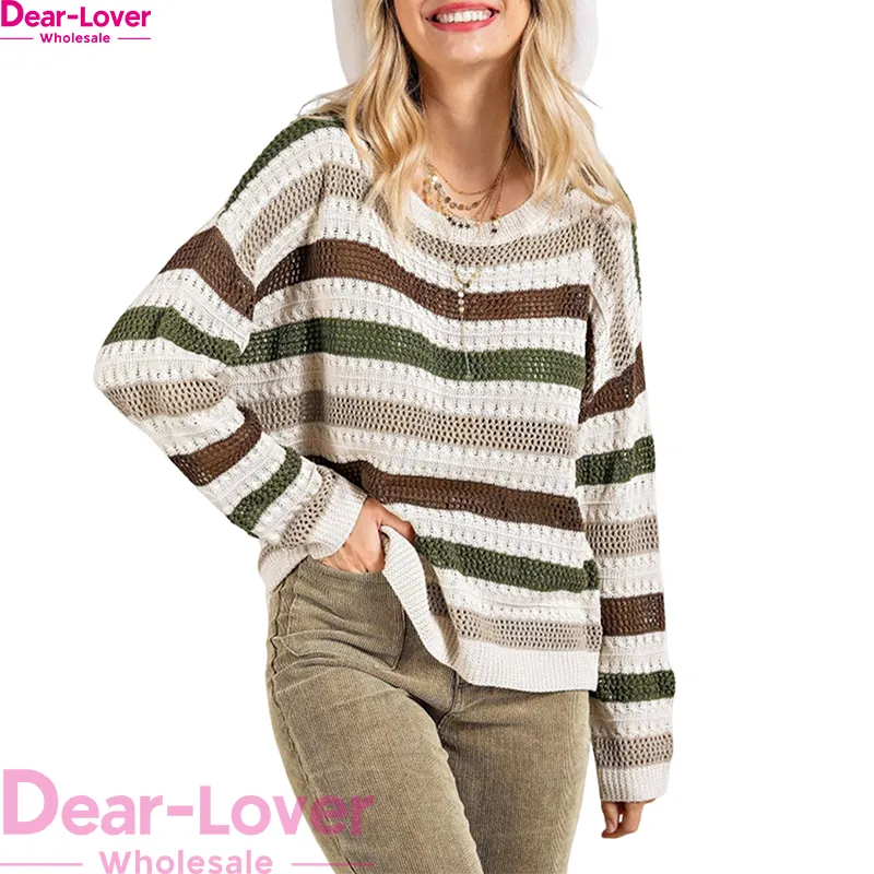 Dear-Lover Fall 2023 Women Clothes Stripe Crochet Hollow Out Knit Sweater