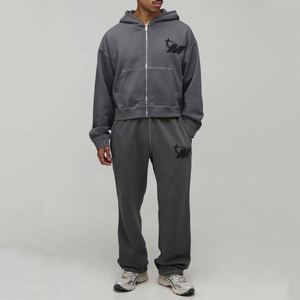 Ensemble de survêtement deux pièces pour homme, personnalisable, uni, avec sweat à capuche zippé gris chiné clair et pantalon de survêtement à jambes larges - Product Image 4