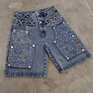 Baggy Jorts personnalisés lourds de haute qualité à impression DTG, shorts amovibles et réversibles pour les genoux, jorts <span class=keywords><strong>en</strong></span> denim à double taille et strass - Product Image 4