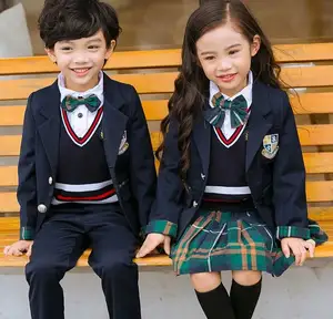 RG-Kindergarten pleated skirt fabric and tops 2 pieces clothing set smart school uniform for girls