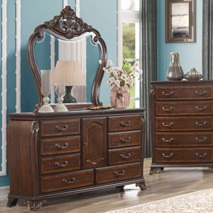 Ensemble de meubles de chambre à coucher ornés - Lit à panneaux sculptés, commode avec miroir, table de chevet - Product Image 3