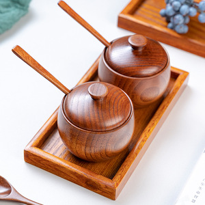 وعاء ملح خشبي بغطاء من الخشب الصلب ، خزان توابل المطبخ ، صحن فلفل مع ملعقة برطمانات توابل - Product Image 4