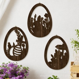 <b>Easter</b> Bunny Egg Wooden Wall Decor Oval Hollow-out Hanging <b>Ornament</b> Home Decoration Bronze Color Foliage Pattern - Product Image 2