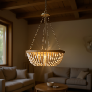 Lámpara colgante moderna con cuentas, luz LED con forma de cuenco de madera de roble blanco de 22 pulgadas para sala de estar, comedor y dormitorio - Product Image 2