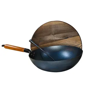 Commercial Kitchen Restaurant Industrial Cooking Stainless Steel Round Cooker Induction Chinese Wok Pan With Wooden Handle