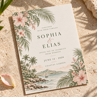 Cartes d'invitation de mariage sur le thème côtier, cartes de mariage imprimées avec des motifs floraux tropicaux et des paysages marins en aquarelle, invitations de mariage sur la plage personnalisées