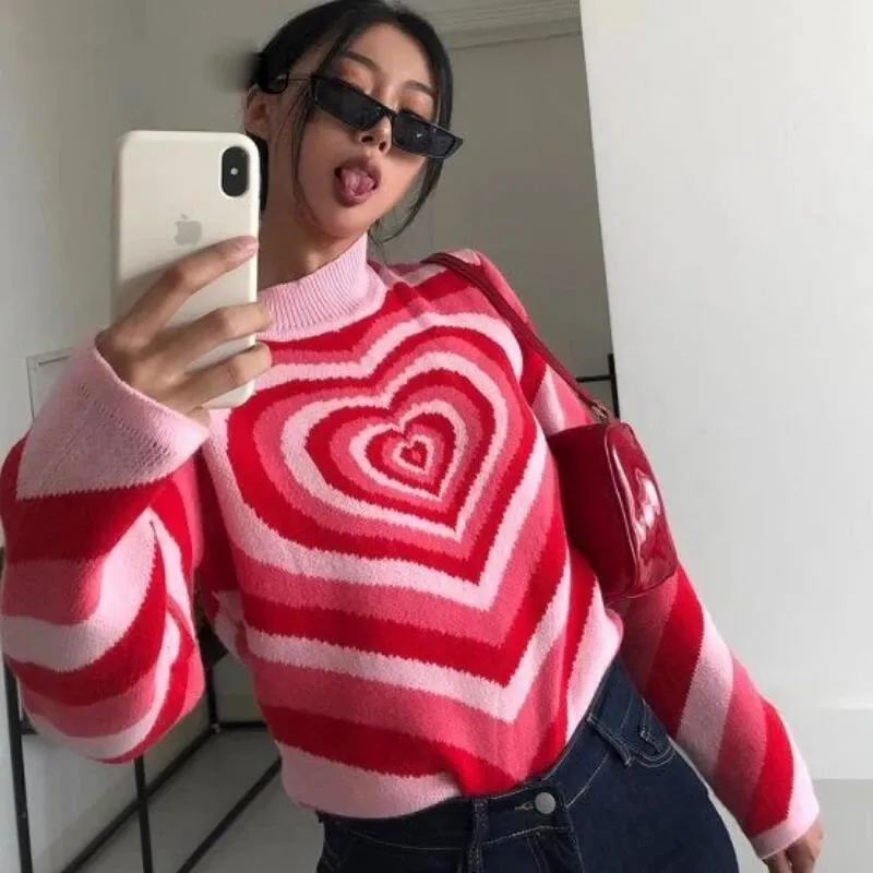 Vintage Y2K Korean Girls Turtleneck Knit Pullover Rainbow Heart Sweater For Ladies