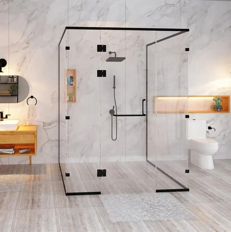 Cabine de douche personnalisée en laiton, doubles doubles, portes en verre, avec charnière noire