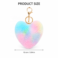 Porte-clés cœur en fausse fourrure de lapin Rex dégradé arc-en-ciel coloré, breloque de sac, pendentif clé en peluche moelleuse, décoration de sac à main