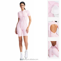 Combinaison de yoga zippée à manches courtes pour femme, couleur unie, en nylon et élasthanne, dos nu, moulante, coupe ajustée, design épuré