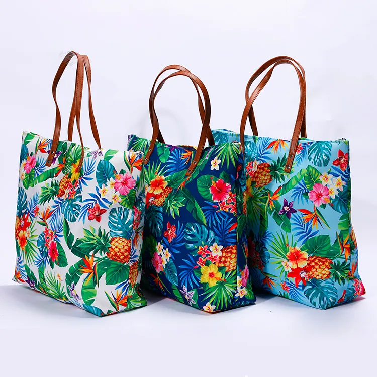 حقيبة كتب من القماش من شركة التصنيع ذات حجم كبير ونمط زهور حقائب كتف مصنوعة يدويًا حقيبة من القماش لشاطئ هاواي