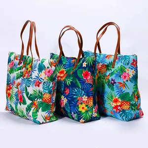 Bolso de lona extragrande con estampado de flores del fabricante, bolsos de hombro hechos a mano, bolso de lona de playa hawaiana