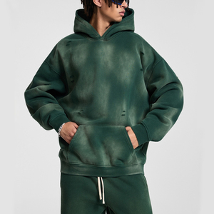 Sudadera con capucha desgastada para hombre con hombros caídos y lavado ácido y bolsillo Vintage con logotipo bordado personalizado ropa de calle - Product Image 1