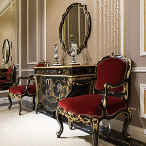 Fauteuil en bois au design sculpté de style français haut de gamme/fauteuil à dossier en velours <span class=keywords><strong>rouge</strong></span> - Product Image 1