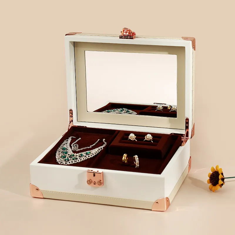 Baru Lapisan Ganda PU Kulit Kotak Perhiasan Multi-fungsi Kotak Penyimpanan Perhiasan Volume Besar Perhiasan Pemegang Hadiah Kasus dengan Cermin
