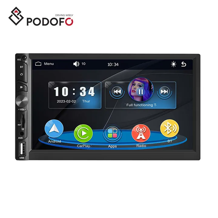 Podofo 7 ''Autoradio 2 Din Wireless Carplay Android Auto BT FM DVR interfaccia di tipo C Autoradio