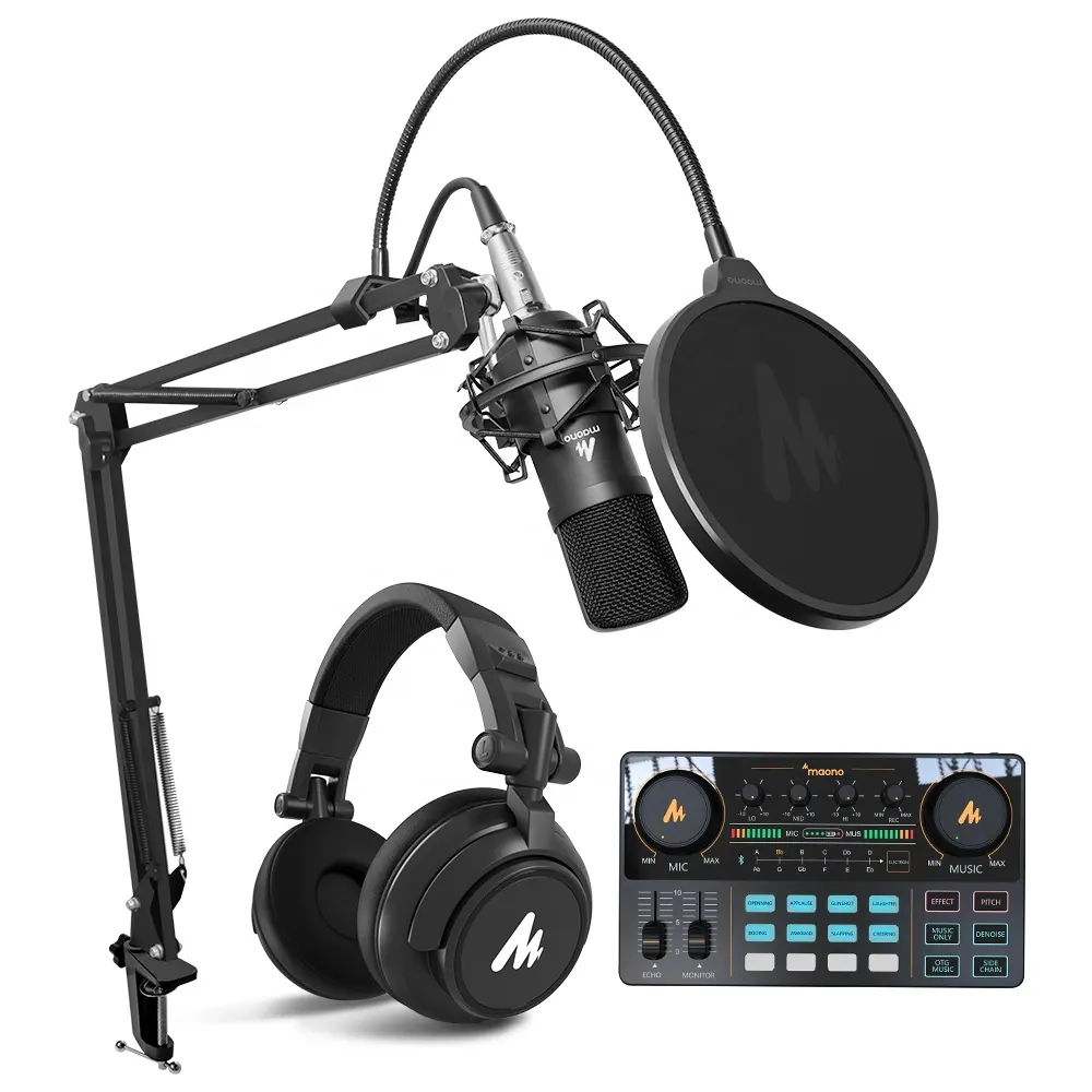 MAONOCASTER Mixer Kartu Suara, Mixer Audio Studio Rekaman, Kartu Suara Podcast Antarmuka Audio Profesional dengan Mikrofon