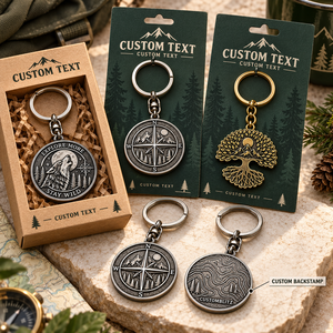 Porte-clés vintage en métal avec boussole, motif arbre et loup, en relief argent et or, fait main, pour l'aventure en plein air, objet de collection - Product Image 2