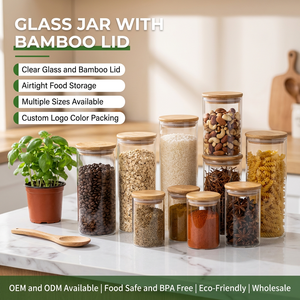 Recipientes de Vidrio con Tapa de Bambú, Recipientes para Almacenamiento de Alimentos, Frascos de Vidrio con <span class=keywords><strong>Tapas</strong></span> de Bambú - Product Image 1