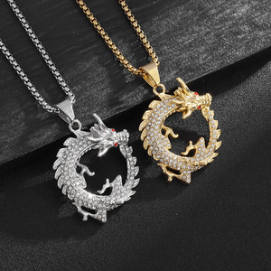 Collier pendentif dragon en acier inoxydable avec serti pavé et œil rouge, bijou unisexe, cadeau - Product Image 1
