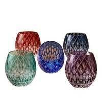 Verre à vin sans pied Raymond style bohème, fait main, en cristal coloré sculpté, design flamme vacillaante transparente découpée à la main, 301-400ml, pour les fêtes