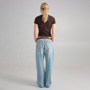 Pantalones vaqueros de <span class=keywords><strong>tiro</strong></span> <span class=keywords><strong>bajo</strong></span> de ajuste holgado para mujer OEM 100% algodón pantalones de mezclilla azul claro ropa de calle informal pantalones vaqueros de pierna ancha - Product Image 3