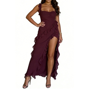 Vestido Maxi Elegante y Romántico para Mujer con Volantes, Tirantes Finos y Abertura Alta - Moda - Product Image 6