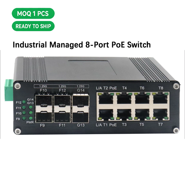 Industrial L2+ Managed PoE Switch 8 Port Gigabit RJ45 6 Port Gigabit SFP 802.3at 48-57VDC DIN Rail Factory Wholesale