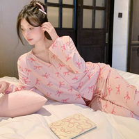 Set pakaian tidur wanita, piyama lengan panjang ukuran besar longgar pakaian luar katun musim gugur