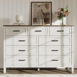Commode rustique de style farmhouse à 9 tiroirs en bois, texture naturelle, finition blanc antique, 55 pouces de large, écologique et durable pour le salon - Product Image 1