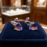 Pendientes de Plata de Ley 925 con Baño de Rodio y Piedra de Ametrino de Corte Triangular, para Compromiso, Boda o Aniversario