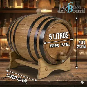 Barril de Roble Blanco de 5 Litros con Bandas Metálicas Galvanizadas y Tapón y Llave para Almacenamiento de Cerveza y Licores - Product Image 3