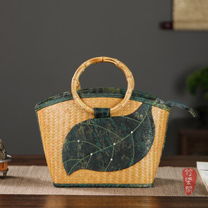 Bamboo Woven Green Leaf Handbag Large Capacity Women's Tote Bag Modern Chinese Style For Cheongsam Hanfu - Product Image 3