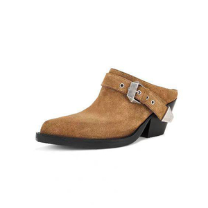 Sandalias de tacón alto de cuña gruesa con punta en pico para mujer, de gamuza, con hebillas metálicas, para oficina - Product Image 2