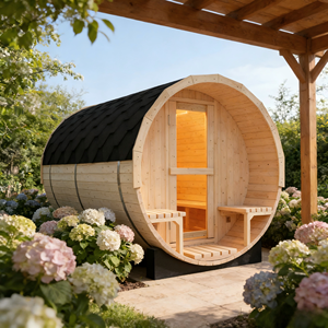 Outdoor Barrel <b>Sauna</b> - Natural White Pine Wood, Weather-Resistant Backyard Steam Room - Product Image 2