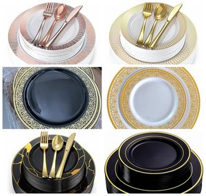 Assiettes à salade/dessert jetables en plastique noir avec bord doré 10.25 pouces et 7.5 pouces pour mariages et fêtes - Product Image 6