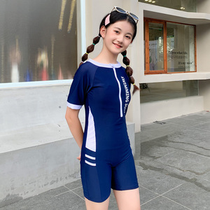 ชุดว่ายน้ำวันพีซสำหรับเด็กผู้หญิง ไบย่า สีกรมท่า แห้งเร็ว ยืดหยุ่นสูง ป้องกันแสงแดด สำหรับเด็กอายุ 7-14 ปี เหมาะสำหรับว่ายน้ำในน้ำพุร้อน - Product Image 2