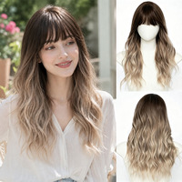 Perruque synthétique longue châtain foncé blond cendré, ondulée effet mouillé, avec frange fine, résistante à la chaleur, ligne de cheveux naturelle, sans colle, ajustable