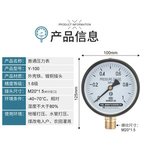 Y-100 Pressure <b>Gauge</b> 100mm 0-1.6MPa Analog Iron Copper Plated <b>Threaded</b> Connection For Hydraulic Gas Boiler Water Pipe Testing - Product Image 1