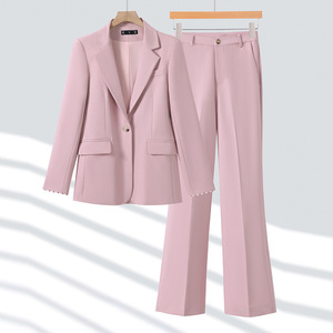 Pink Suit <b>Set</b> Women Professional Work Wear Straight Fit Notched Lapel <b>Blazer</b> Pants Office Commuting Outfit - Product Image 1